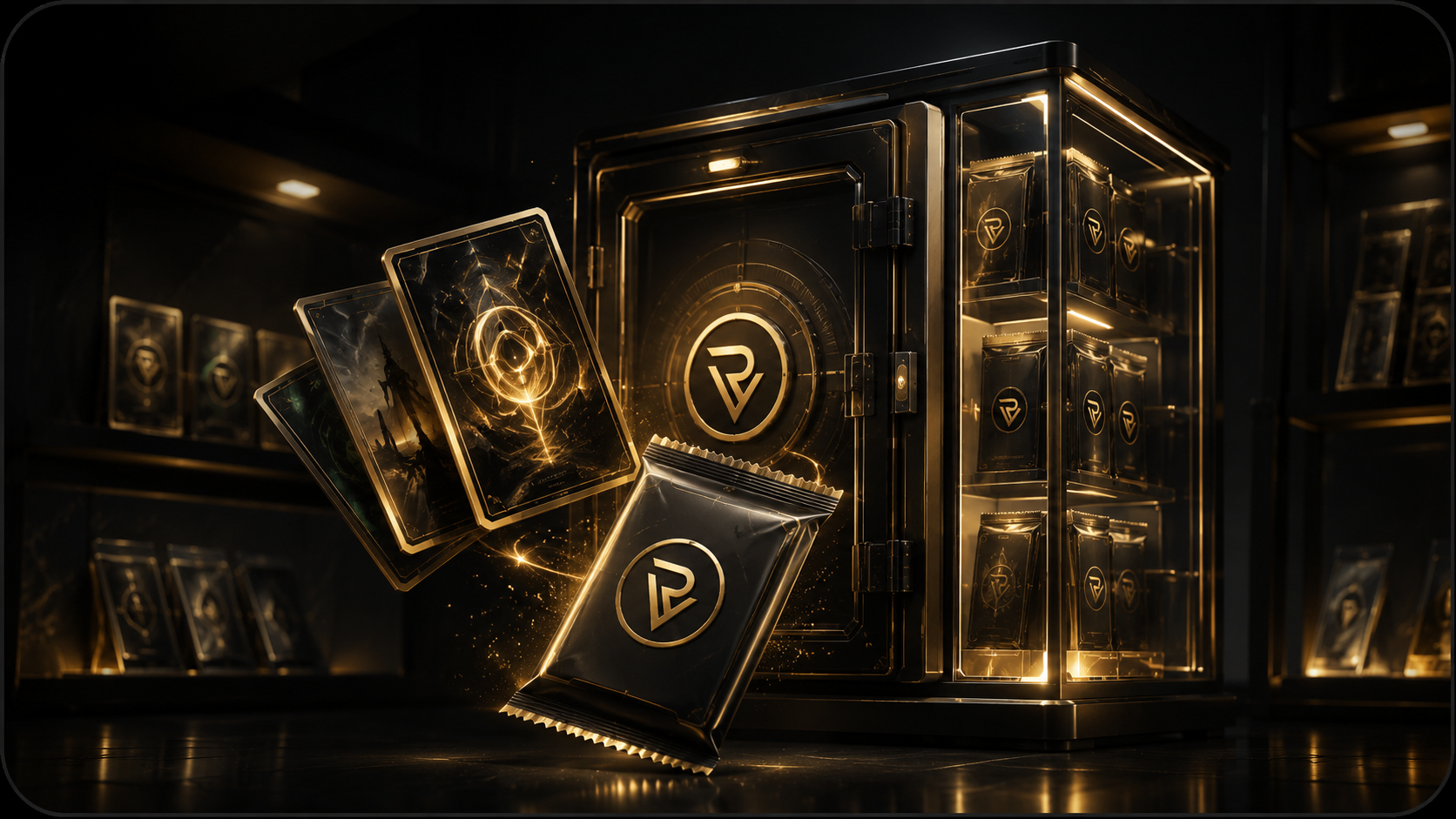 PackVault luxury vault with sealed card packs and a premium blank trading card